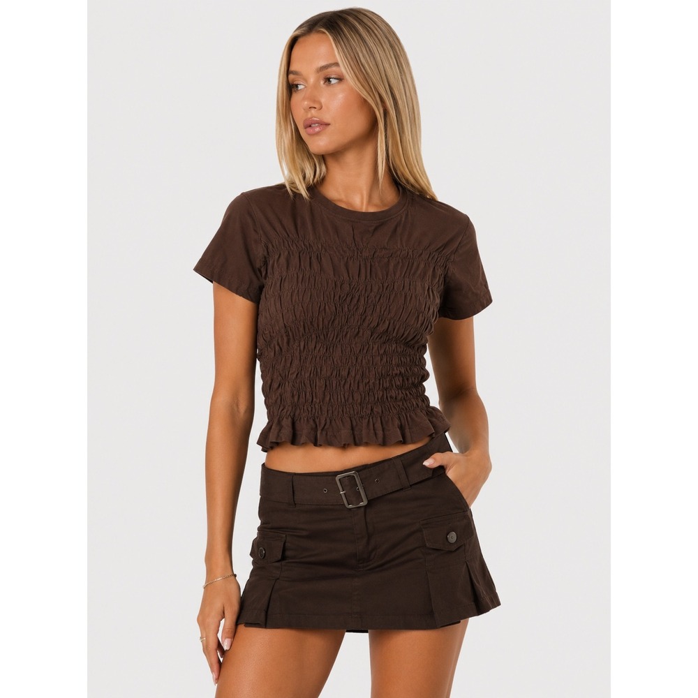 Cleo + Wolf 100% Cotton Brown Smocked Cotton Short Sleeve T-Shirt M New NWOT